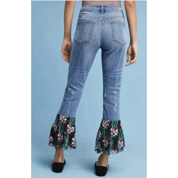 PILCRO Anthropologie Denim Jeans Size 31 FLORAL LACE FLARE Embroidery Stretch - Picture 2 of 13